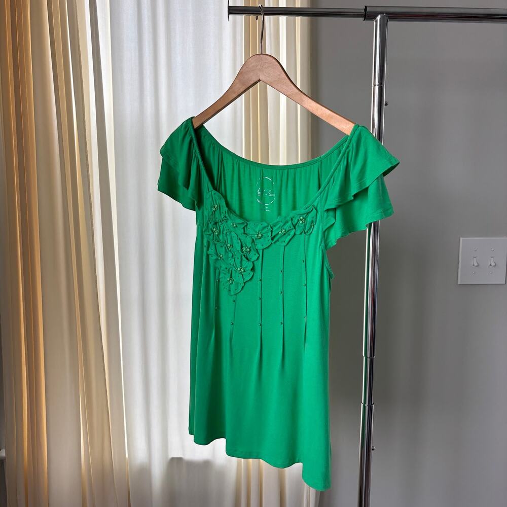 Vintage Y2K INC Flutter Sleeve Top Petite Medium Bright Green Soft Girl Fairy - Picture 16 of 16